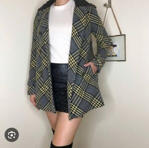 Vintage Free People Houndstooth Epaulette Shoulder Pea Coat Size 4 Yellow & Gray